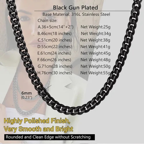 Vista 4 de PROSTEEL Collar de cadena de eslabones cubanos de moda para hombre, acero inoxidable 316L chapado en oro negro18 quilates, ancho 0.189 in-0.551 in