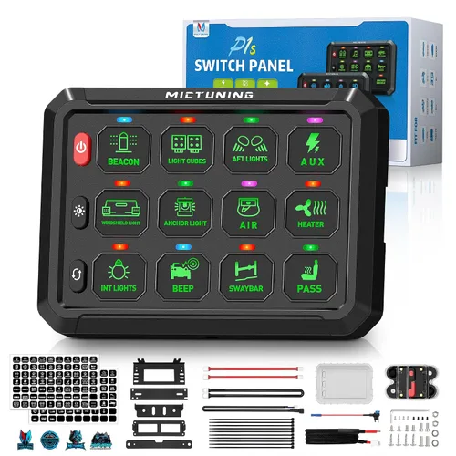 Vista 10 de MICTUNING Panel de interruptor de 12 cuadrillas P1S-B12 azul de alta potencia de 6 niveles de brillo de palanca/encendido/apagado momentáneo, caja