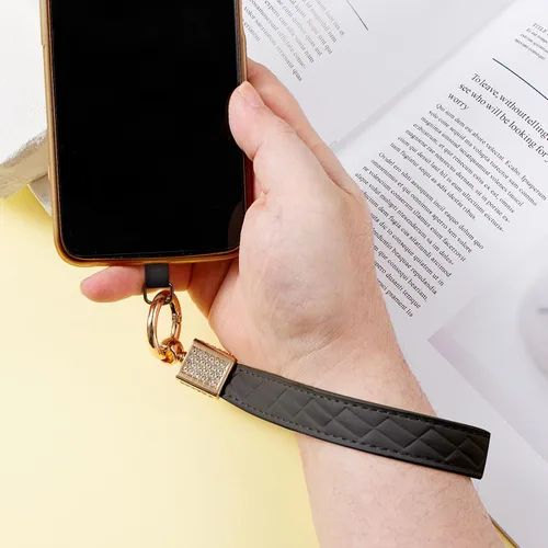 Vista 6 de Correa de cuero para teléfono celular, correa para teléfono celular, cordón para teléfono con lengüeta, manos libres, llavero para mujer