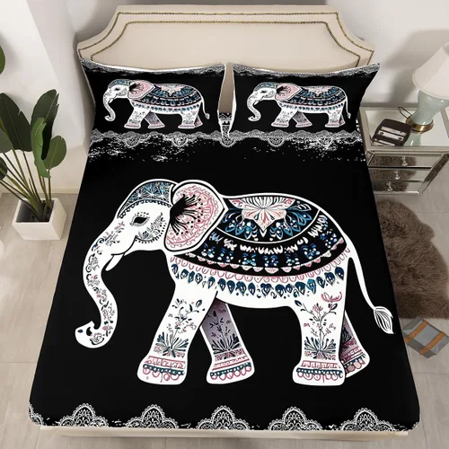 Vista 10 de Juego de sábanas bajeras de elefante, tamaño individual, exótico, bohemio, paisley, floral, para niños, niños, étnico, tribal y vida silvestre