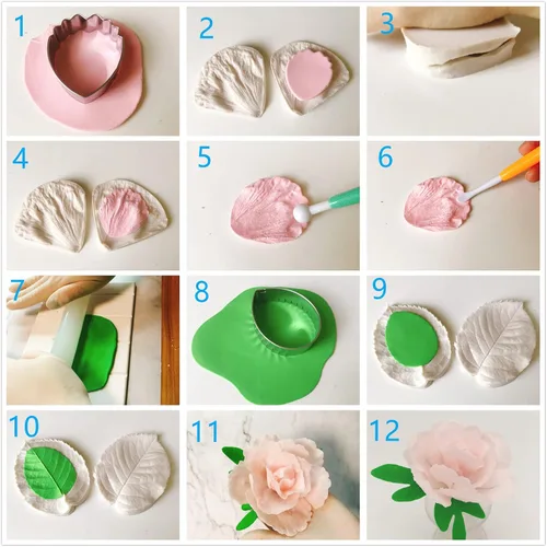 Vista 7 de 60 piezas de goma de pasta de flores y hojas, 6 juegos de moldes de silicona de flores de fondant, 6 unidades, cortador de pasta de goma, 20 piezas