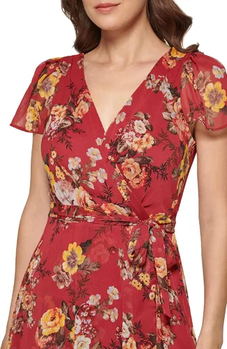 Vista 4 de DKNY Women's Short Sleeve Asymmetrical Hem Faux Wrap Dress