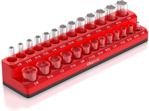 Vista 11 de Olsa Tools - Organizador magnético de llaves de vaso Con accionamiento de 1/4 pulgada Métrico Rojo Con capacidad para 26 llaves de vaso