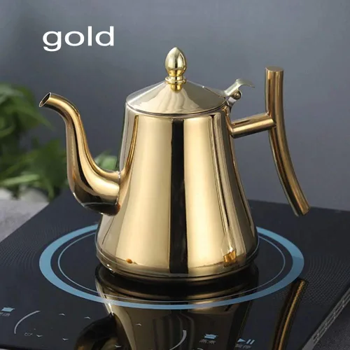 Vista 4 de HOKY Hervidor de agua de acero inoxidable 1L1.5L, tetera más gruesa con filtro, tetera de hotel, cafetera de inducción, hervidor de té dorado