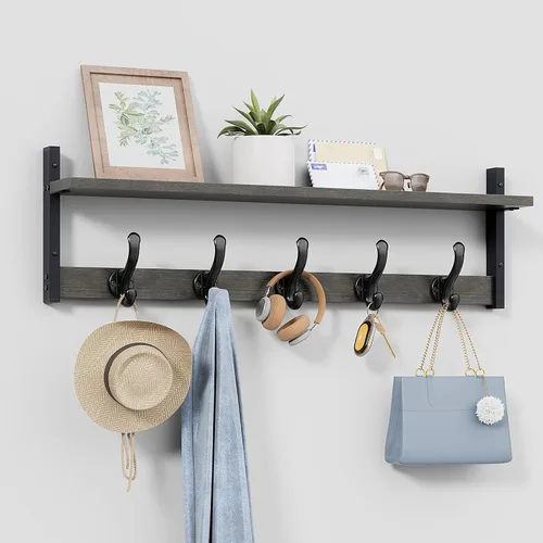 Vista 10 de Tatub Perchero rústico de 29 pulgadas con estante, ganchos de pared de entrada con estante, perchas para baño, sala de estar, dormitorio, negro