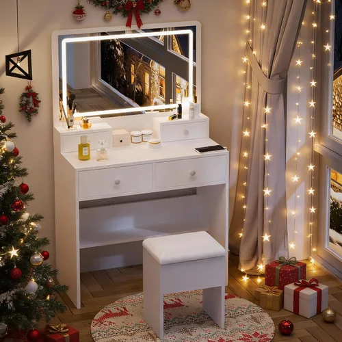 Vista 6 de Haewon - Escritorio de tocador con espejo LED, toma de corriente y silla de almacenamiento, color blanco Mesa de maquillaje con 3 modos de luz, 4