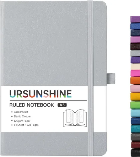 Vista 41 de Cuaderno punteado, diario, 5.3 x 8.26 pulgadas, tapa dura, prémium, papel grueso, doble espiral, bandas, cuero negro sintético, lazo para bolígrafo