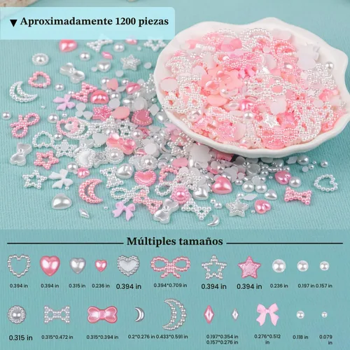Vista 3 de 1200 piezas de dijes de uñas 3D con formas múltiples y perlas de base plana, estilos mixtos blanco y rosa, corazones, estrellas, lazos, girasoles