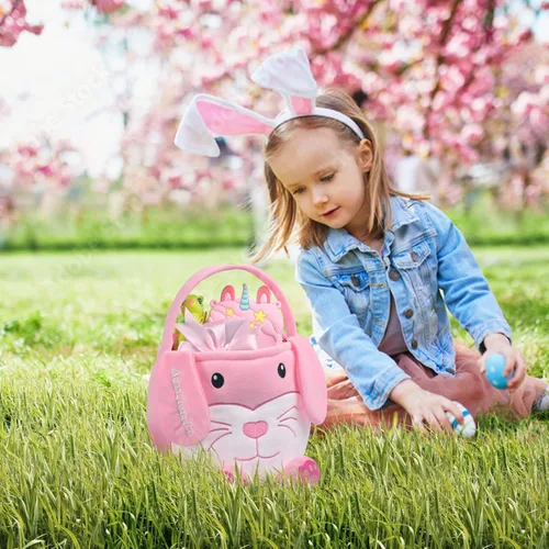 Vista 5 de Cesta de Pascua personalizada para niños, conejo rosa