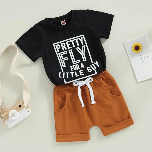 Vista 17 de Conjunto de traje de verano para bebé niño pequeño, manga corta, cuello redondo, letras impresas, lindo traje de verano, conjunto de 2 piezas