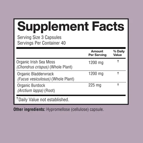 Vista 3 de Cápsulas Irish Seamoss de 2625 mg por porción, fabricadas con Seamoss orgánica, vejiga y raíz de bardana para apoyo digestivo e inmunológico