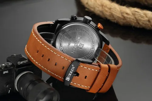 Vista 6 de Reloj deportivo con cronógrafo para hombre, correa de cuero marrón, reloj de cuarzo, reloj de pulsera casual para hombre, Completo negroacero.