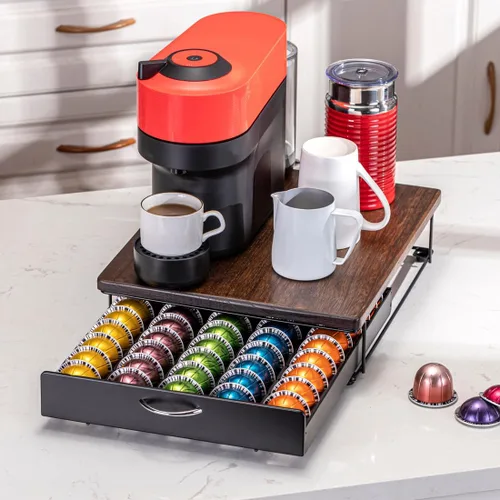 Vista 2 de FlagShip Soporte para cápsulas Nespresso, cajón de cápsulas Vertuo, almacenamiento de cápsulas de café para Vertuo Pod con elegante tapa de madera