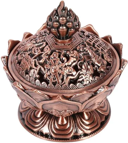 Vista 4 de Quemador de incienso, bronce antiguo chino estilo asiático, flor de loto, quemador de incienso de reflujo, quemador de incienso de humo, soporte