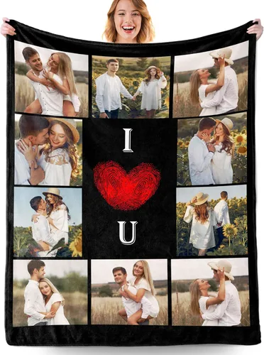 Vista 28 de Manta personalizada con fotos, manta personalizada con fotos con texto en inglés "I Love You", regalo de cumpleaños para novia, novio, esposa