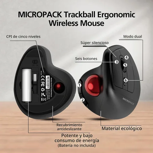 Vista 2 de MicroPack Ratón inalámbrico ergonómico con Trackball y 5 DPI ajustables, fácil control del pulgar, seguimiento preciso y suave. Ratón Bluetooth