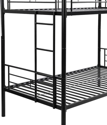 Vista 3 de EMKK Literas de metal tamaño individual con escalera y barandilla de longitud completa, marco de cama de metal negro, no necesita somier, firme
