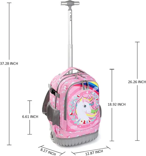Vista 7 de Tilami Mochila rodante con diseño de ruedas de carretilla, lindo estampado de dibujos animados para niños y niñas, viajes, escuela, viaje