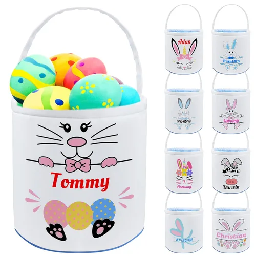 Vista 9 de Cesta de Pascua personalizada con nombre, bolsas de lona personalizadas para niños, cestas de Pascua para bebés, niños y niñas, color azul