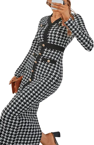 Vista 6 de WDIRARA Vestido largo de manga larga con cuello en V y cuello en V para mujer, diseño de pata de gallo