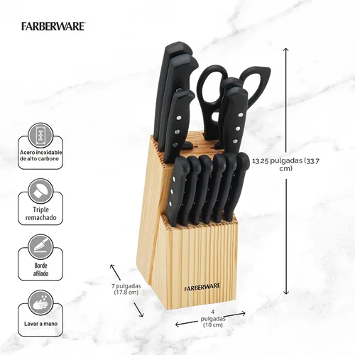 Vista 4 de Farberware - Juego de 22 piezas de cuchillos con remache triple que "nunca necesitan afilarse", acero inoxidable de alto carbono, juego de cuchillos