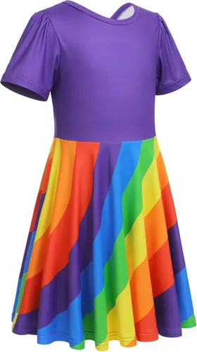 Vista 2 de Vestido de manga corta para niña, vestido de fiesta con vuelo de arco iris, vestido de verano acampanado, casual, vestido de patinadora