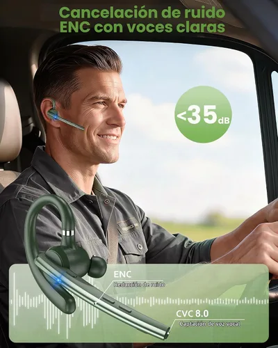 Vista 2 de Auriculares Bluetooth, 72H trabajo auricular inalámbrico de un solo oído Verde militar sólido