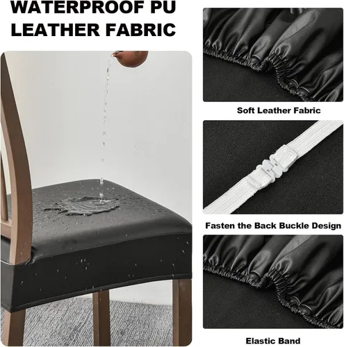Vista 4 de FUANGUI Fundas para Silla de Comedor, Juego de 2, de PU de Cuero Elástico Resistente al Agua, Fundas Deslizables para Asiento de Silla Suave