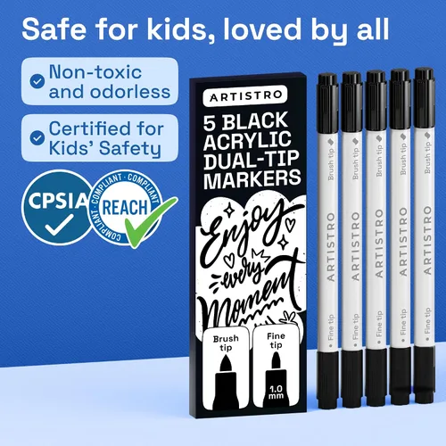 Vista 6 de ARTISTRO 5 marcadores de pintura acrílica negra, bolígrafos de pintura de doble punta + pincel fino ideal para caligrafía, perfectos para tela