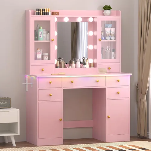 Vista 13 de Escritorio de maquillaje con espejo y luces, tocador negro de 43 pulgadas con parte superior de cristal, almacenamiento de joyas, 3 cajones