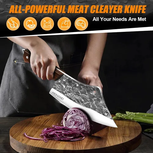 Vista 8 de MDHAND - Juego de cuchillos de carnicero, 14 cuchillos de carnicero forjados a mano con bolsa de rollo, cuchillo de carne resistente, cuchillos