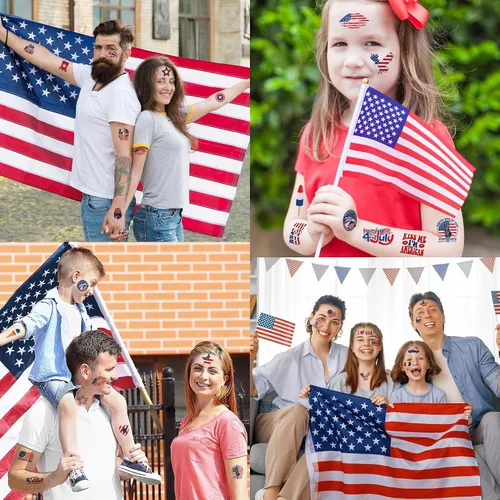 Vista 6 de Trajes para mujer del 4 de julio, paquete de 120 tatuajes patrióticos de bandera de Estados Unidos, color rojo, blanco y azul, suministros