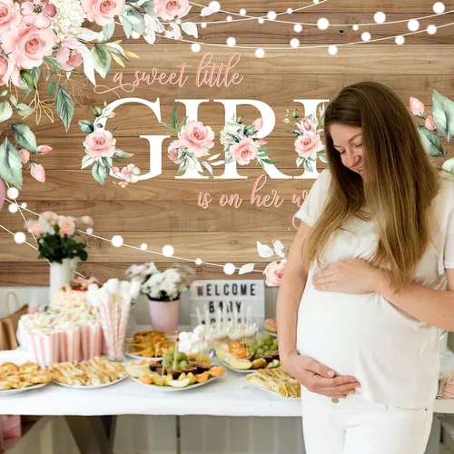 Vista 4 de Avezano Cartel rústico para baby shower con texto en inglés "A Sweet Little Girl is on Her Way", decoración de fiesta de baby shower, pancarta