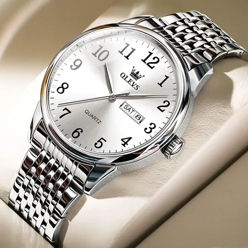 Vista 3 de OLEVS Reloj plateado para hombre, de acero inoxidable, impermeable, fácil de leer, con números arábigos, Azul, Negocio