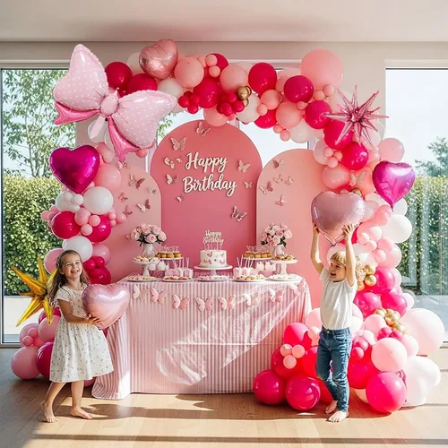 Vista 9 de Kit de arco de guirnalda de globos rosa y dorado, 140 piezas de globos de papel de aluminio de estrella con arco para temática de ratón de dibujos