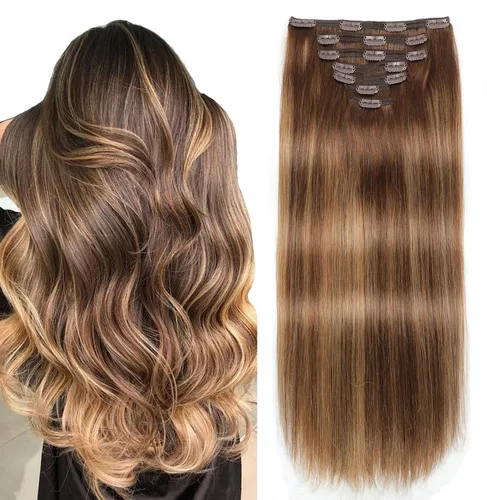 Vista 20 de Sisily - Extensiones de cabello con clip de cabello humano real, 30 cm 70 g, balayage de marrón chocolate a rubio, 100% cabello humano Remy