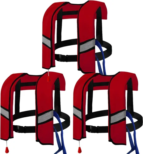 Vista 9 de Paquete de 3 chalecos salvavidas inflables automáticos 150N – Chaleco de natación de nailon ajustable con inflado de CO2, tiras reflectantes y Negro
