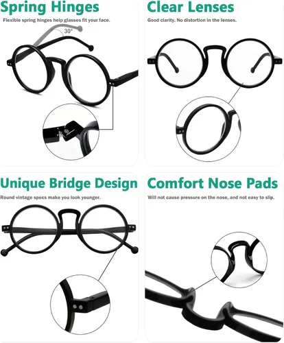 Vista 5 de Eyekepper Gafas de lectura redondas para mujeres y hombres lectores retro Mens Ladies Reader Eyeglasses,All Day Comfort Spring Hinges,Fashion Negro