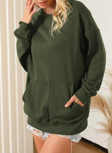Vista 4 de SHEWIN Sudaderas para mujer, cuello redondo, color sólido, a la moda, cálidas, de gran tamaño, ligeras, sin botones