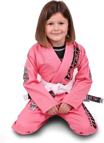 Vista 5 de Tatami Fightwear Meerkatsu Animal Jiu Jitsu Gi, chaqueta de 425GSM, pantalones BJJ de sarga y cinturón blanco, rosa, M0, Rosado
