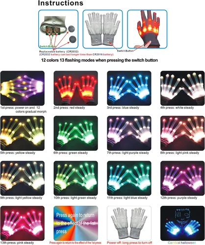Vista 6 de Guantes LED, 12 colores iluminados para niños, guantes de esqueleto LED, regalo de juguetes geniales para Halloween, regalo de Navidad para hombres