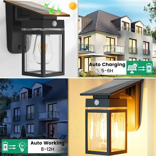 Vista 5 de Luces Solares de Porch al Aire Libre, del Anochecer al Amanecer y Luz de Pared con Sensor de Movimiento con Forma de Linterna, 3 Modos IP65