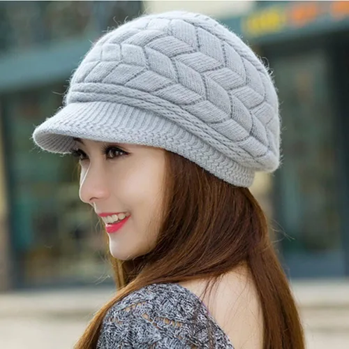 Vista 3 de XYX Gorro de lana para mujer, cálido, elástico, suave, con visera de punto, con visera