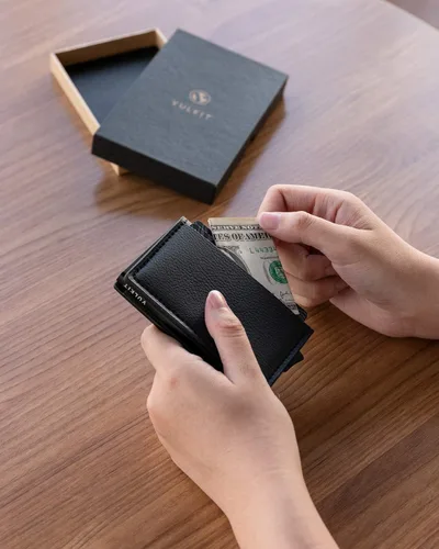 Vista 42 de VULKIT Tarjetero RFID Bloqueo de Cuero Automático Pop Up Cartera Aluminio Slim Pocket Tarjeta de Visita