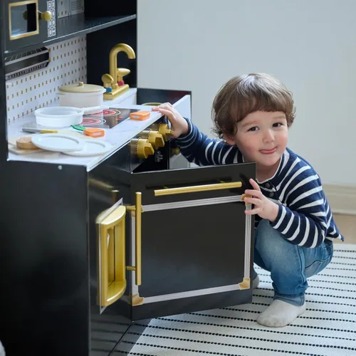 Vista 7 de Teamson Kids Juego de cocina de madera para niños pequeños con accesorios, juego de cocina simulada para niños de 3 años en adelante, juego de Negro
