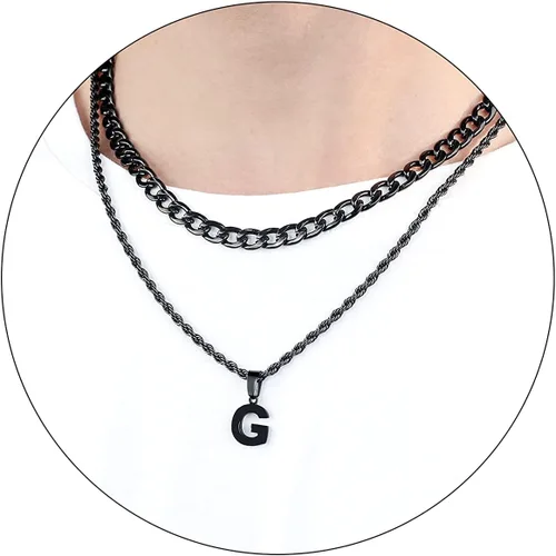 Vista 42 de SENRAN Collar con inicial en capas de la A a la Z para hombre, cadena de cuerda torcida de acero inoxidable de 18 a 20 pulgadas, dije de letra