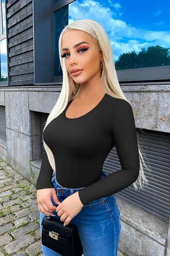 Vista 4 de OQQ Camiseta de manga larga de 2 piezas para mujer, cuello redondo, elástica, ajustada, para usar en capas