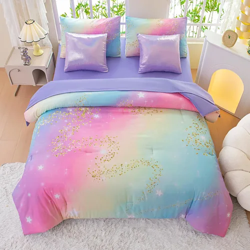Vista 15 de Juego de ropa de cama arcoíris tamaño individual, edredón reversible de 5 piezas para niñas con sábana de bolsillo profundo, diseño degradado
