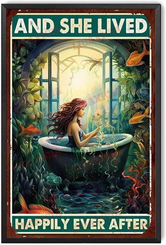 Vista 17 de LIUAXICIA Letrero de lata retro con diseño de sirena y ella vivió feliz para siempre, para decoración del hogar, 8 x 12 pulgadas, pintura de lata