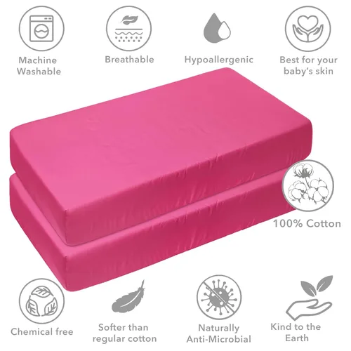 Vista 6 de Bacati - Paquete de 2 sábanas bajeras de algodón percal 100% algodón para bebé, estándar de EE. UU., para cuna o niño pequeño (fucsia)